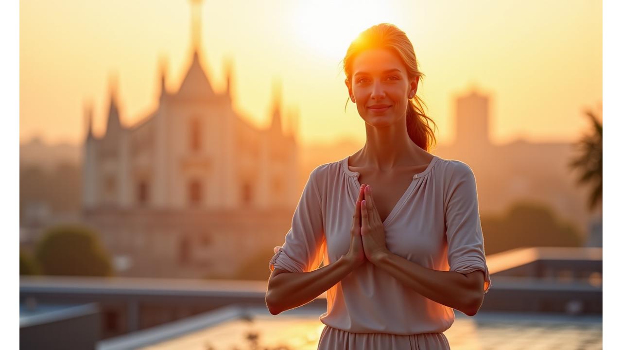 Donna sorridente che pratica yoga all'alba su una terrazza con vista sulla città di Milano, simbolo di armonia e benessere.