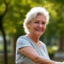 Una persona anziana sorridente che pratica Tai Chi in un parco verde, dimostrando vitalità e movimento per l'età avanzata.