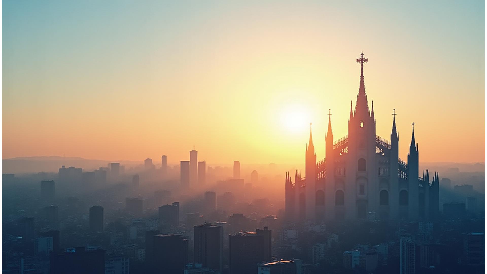 Skyline di Milano al tramonto con il Duomo e la city, simbolo di innovazione e tradizione. Una visuale pulita e moderna.