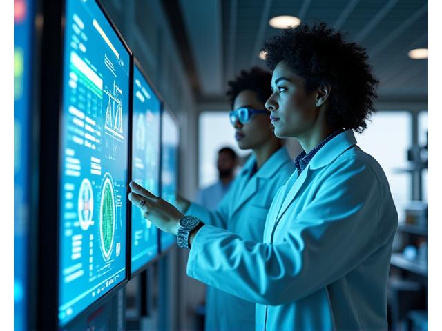 Ricercatori AlbaVita che analizzano dati su schermi in un ambiente di laboratorio moderno.