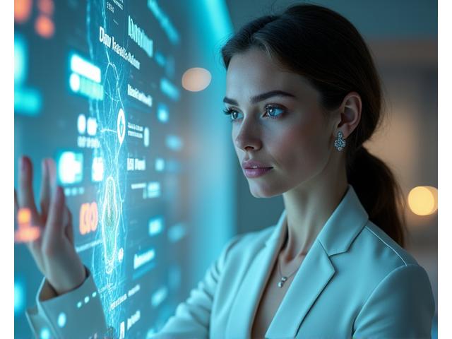Donna sorridente che interagisce con un'interfaccia olografica che mostra icone di benessere e dati biometrici, con uno sfondo futuristico.