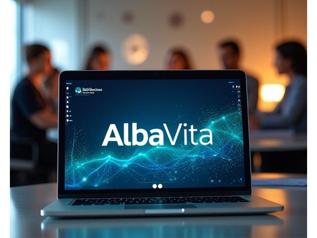 Un laptop aperto mostra il logo di AlbaVita con schermi che hanno grafici di crescita e persone che collaborano in background.