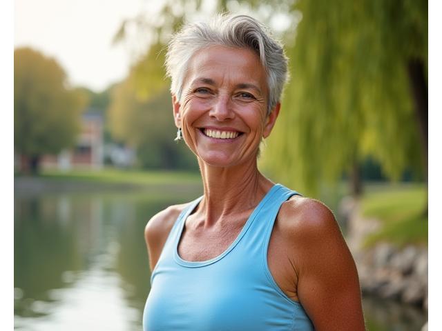 Luisa, 52 anni, sorridente dopo aver completato una sfida di fitness