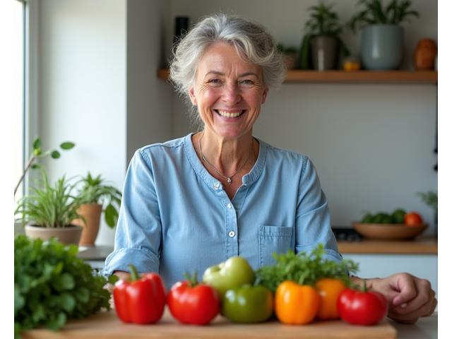 Maria, 55 anni, in cucina preparando un pasto sano e colorato