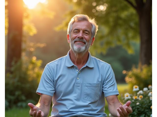 Paolo, 48 anni, sereno mentre medita in un parco