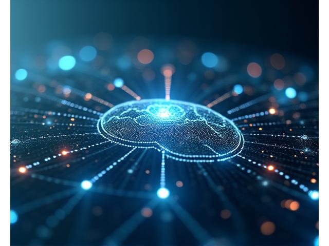 Un'interfaccia utente moderna che mostra un algoritmo di machine learning in azione, con nodi interconnessi e visualizzazioni di dati complessi che elaborano informazioni sul benessere, come grafici di sonno, attività fisica e nutrizione, in un ambiente futuristico.