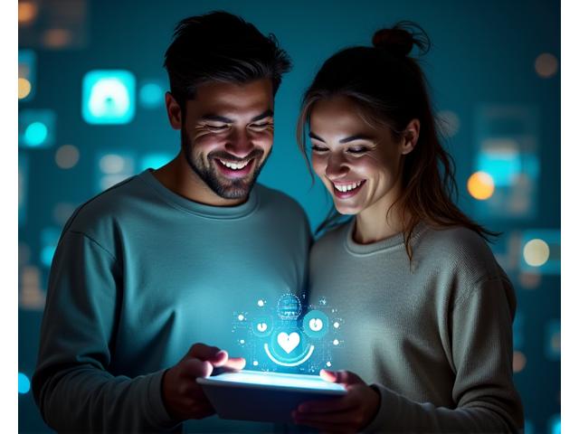 Un uomo e una donna sorridono visualizzando i loro piani di benessere personalizzati su un tablet, circondati da grafici e icone di data science che simboleggiano l'analisi avanzata.