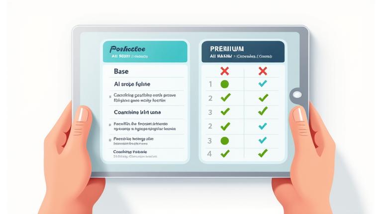 Una tabella comparativa stilizzata su un tablet, che affianca le funzionalità 'Base' e 'Premium' del servizio AlbaVita. Le funzionalità Premium sono evidenziate con segni di spunta verdi e icone più sofisticate per mostrare il valore aggiunto.