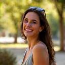Ritratto di Giulia V., una giovane madre freelancer a Milano, che sorride con un'espressione felice e serena, magari con uno sfondo che suggerisce un ambiente domestico accogliente o un parco urbano.