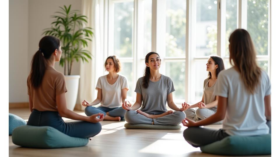 Gruppo di persone che medita insieme in un'aula luminosa a Milano