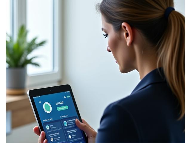 Donna professionista milanese che valuta il suo livello di stress su un tablet