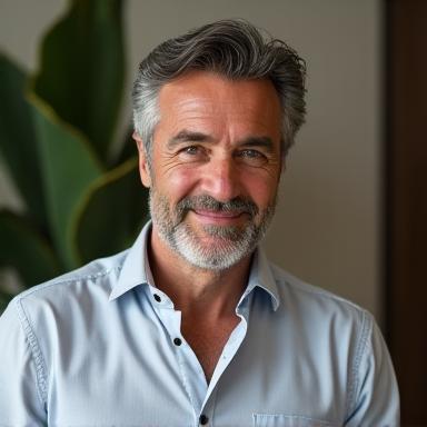 Ritratto sorridente di Marco, architetto di 52 anni
