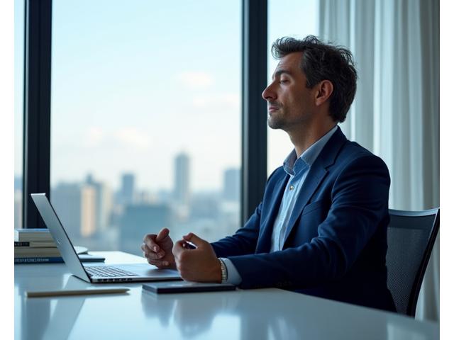 Uomo che pratica una breve tecnica di mindfulness seduto alla sua scrivania in un ufficio moderno