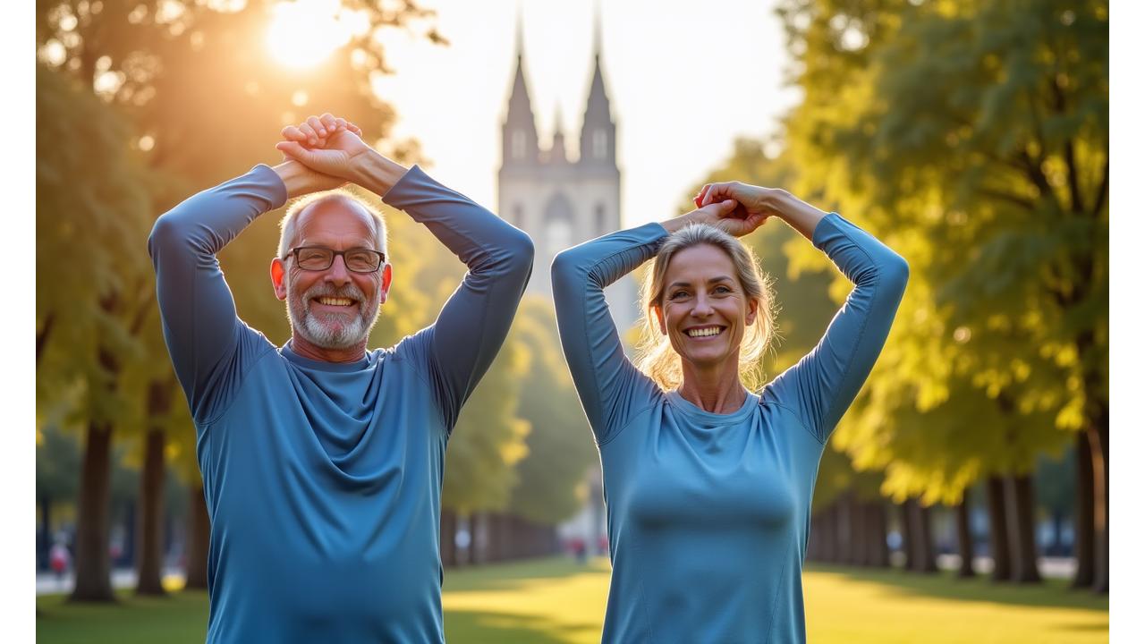 Uomo e donna di 40-50 anni che fanno stretching leggero in un parco urbano a Milano, sereni e attivi.