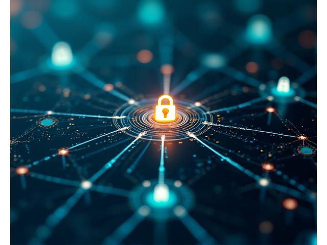 Complessa rete digitale stilizzata che rappresenta la sicurezza informatica con nodi illuminati e un'icona di lucchetto