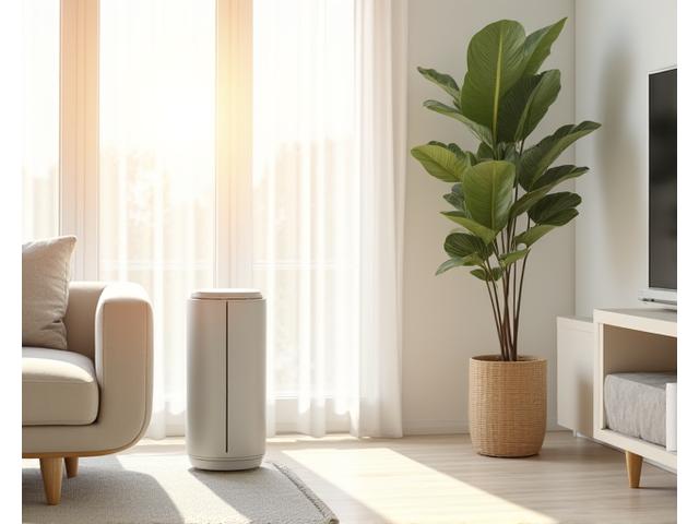 Purificatore d'aria elegante in un soggiorno luminoso con una pianta d'interno, simbolo di aria pulita.