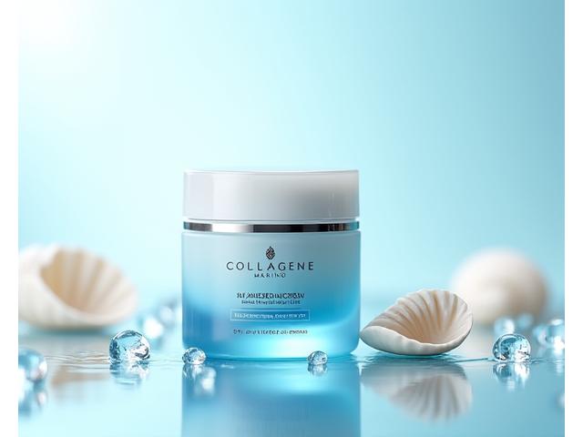 Confezione di collagene marino con un'estetica elegante e un tocco di blu oceanico.