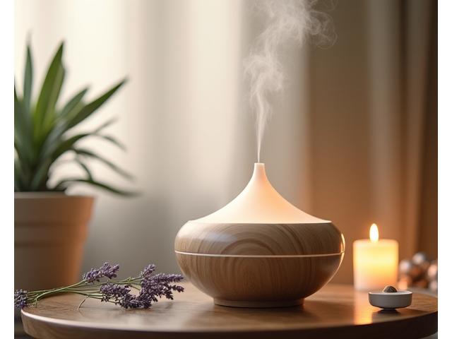 Elegante diffusore di oli essenziali in ceramica con vapore delicato in un ambiente sereno.
