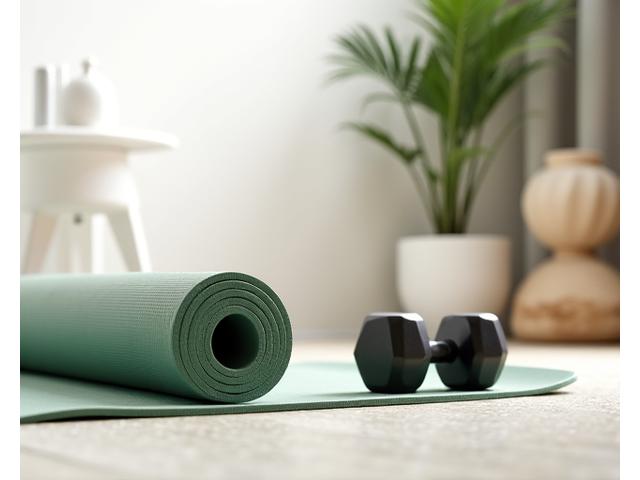 Attrezzi fitness minimalistici come manubri e tappetino da yoga su un pavimento in legno chiaro.