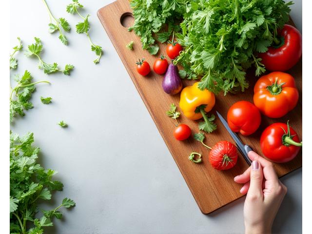 Ingredienti freschi e colorati per una cucina salutare su un tagliere di legno in una cucina moderna.