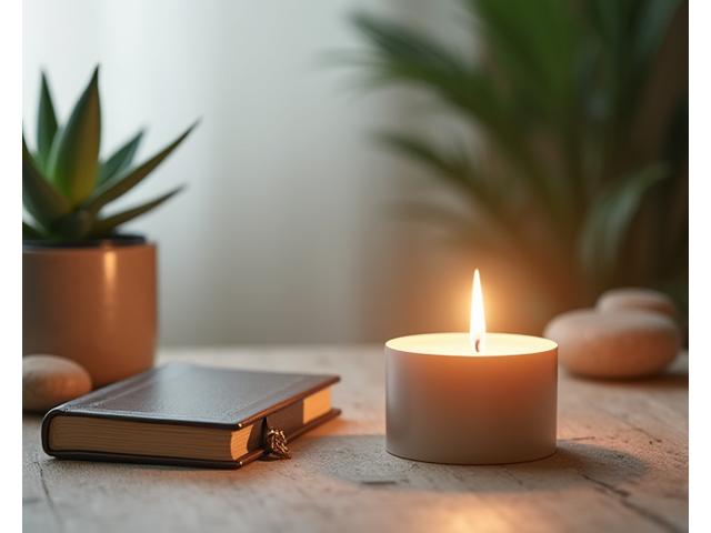 Candela aromatica, un libro di meditazione e piante verdi in un ambiente calmo e rilassante.
