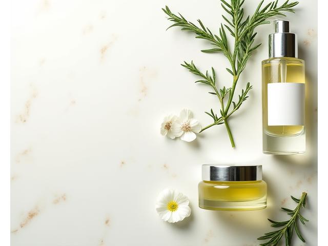 Cosmetici naturali in confezioni minimaliste con ingredienti botanici e fiori.