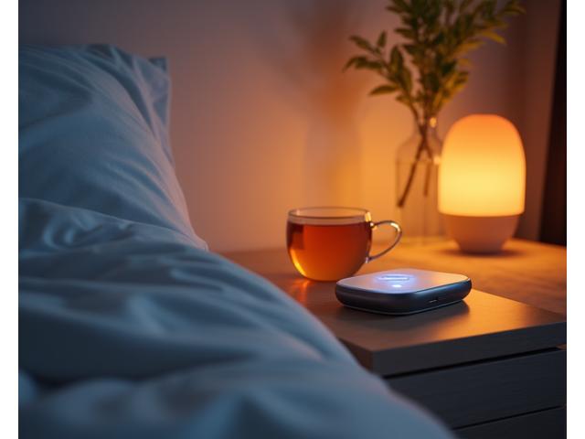 Dispositivo di monitoraggio del sonno moderno su un comodino accanto a occhiali e una tazza di tisana.