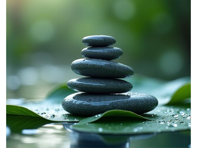Sassi zen impilati e gocce d'acqua su una foglia verde, evocando calma e sollievo dallo stress.