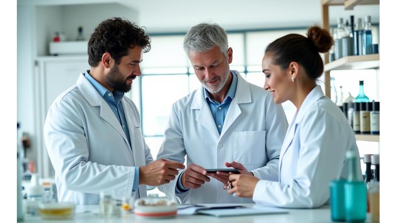 Immagine di backstage con membri del team AlbaVita che esaminano campioni di prodotti in un laboratorio pulito e moderno.
